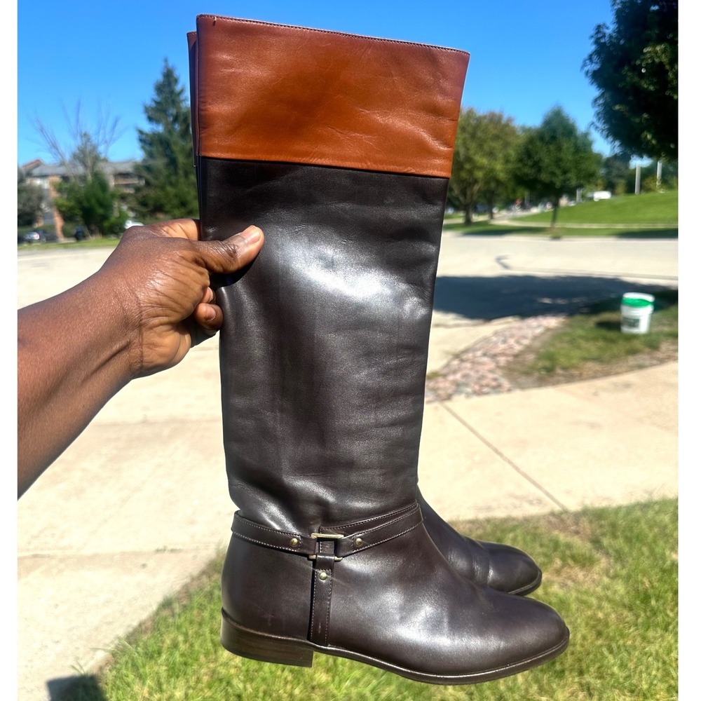 Brooks Brothers Two Tone Women's Tall Leather Riding Boots Size 6.5 Brown Cognac - Picture 7 of 13